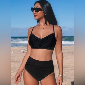 Cupshe Black, High Waist Bikini. Ruched Details. XL. NWT.